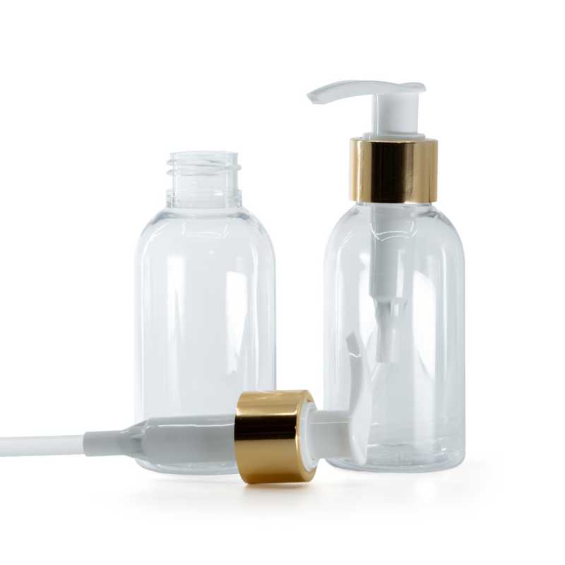 Rounded Clear Plastic Bottle, White Lotion Pump With Glossy Gold Collar, 100 ml