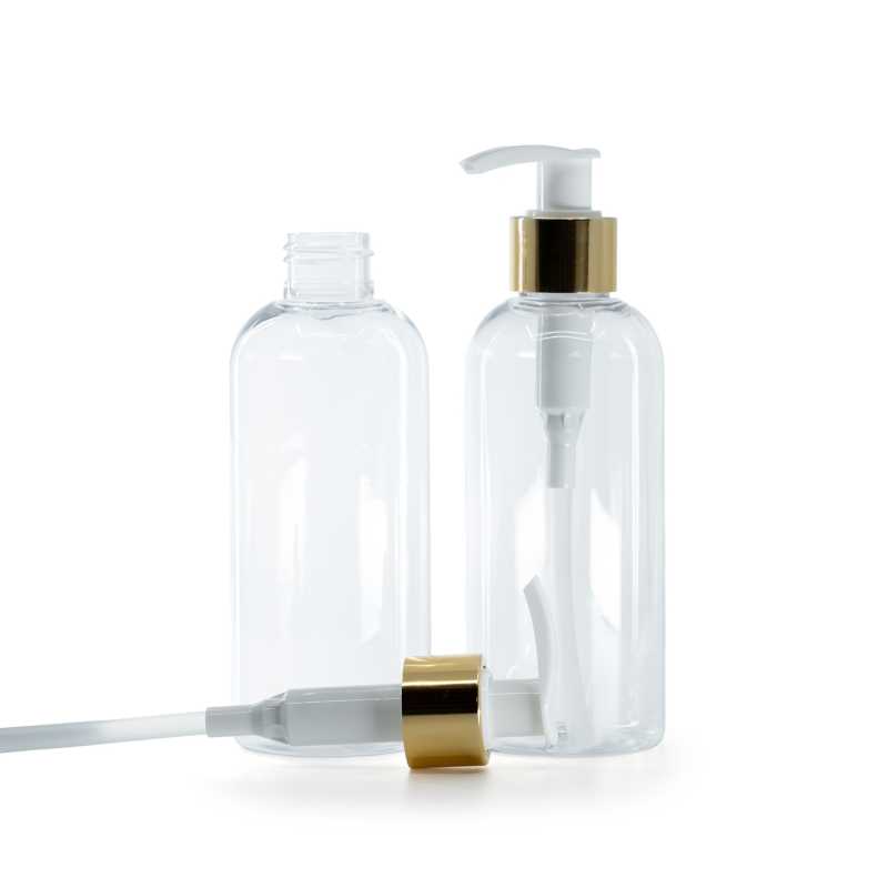 Rounded Clear Plastic Bottle, White Lotion Pump With Glossy Gold Collar, 200 ml
