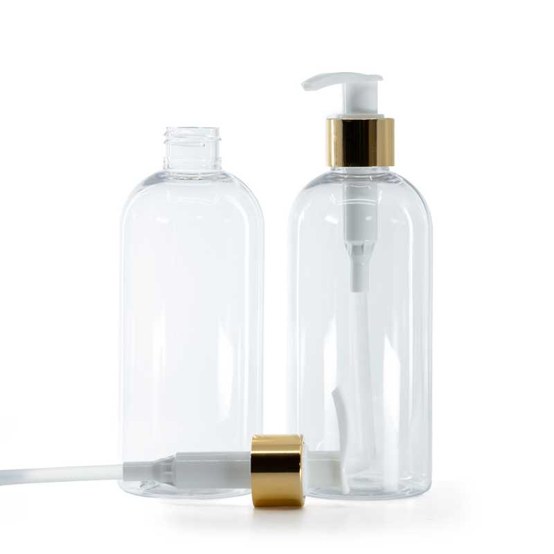 Rounded Clear Plastic Bottle, White Lotion Pump With Glossy Gold Collar, 300 ml
