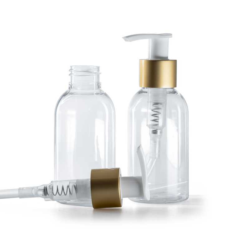Rounded Clear Plastic Bottle, White Lotion Pump With Matte Gold Collar, 100 ml