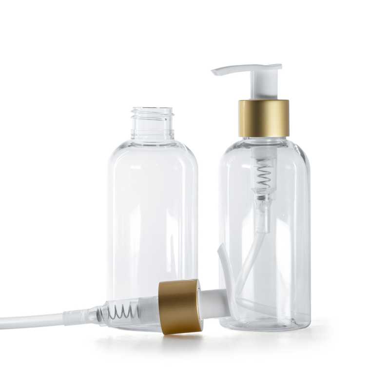 Rounded Clear Plastic Bottle, White Lotion Pump With Matte Gold Collar, 150 ml