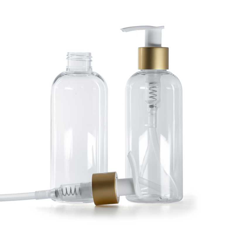 Rounded Clear Plastic Bottle, White Lotion Pump With Matte Gold Collar, 200 ml