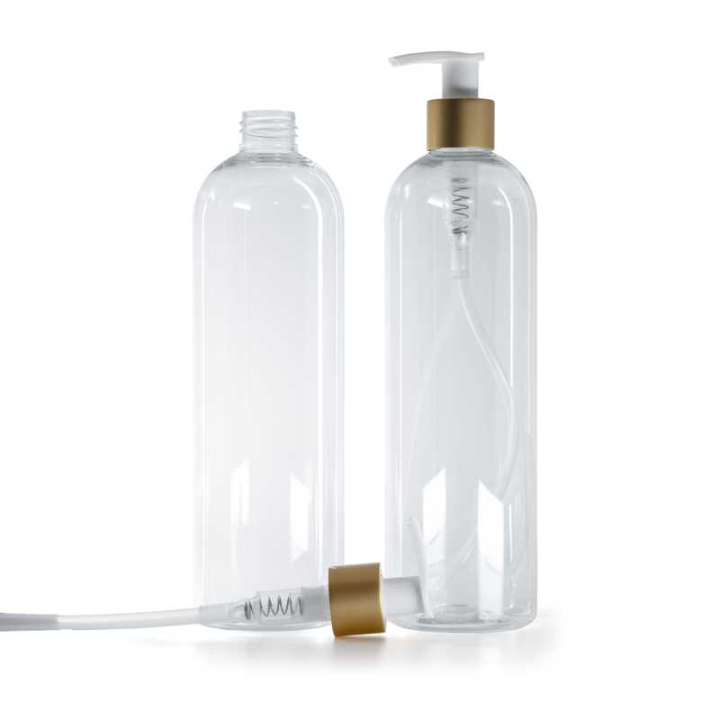 Rounded Clear Plastic Bottle, White Lotion Pump With Matte Gold Collar, 500 ml
