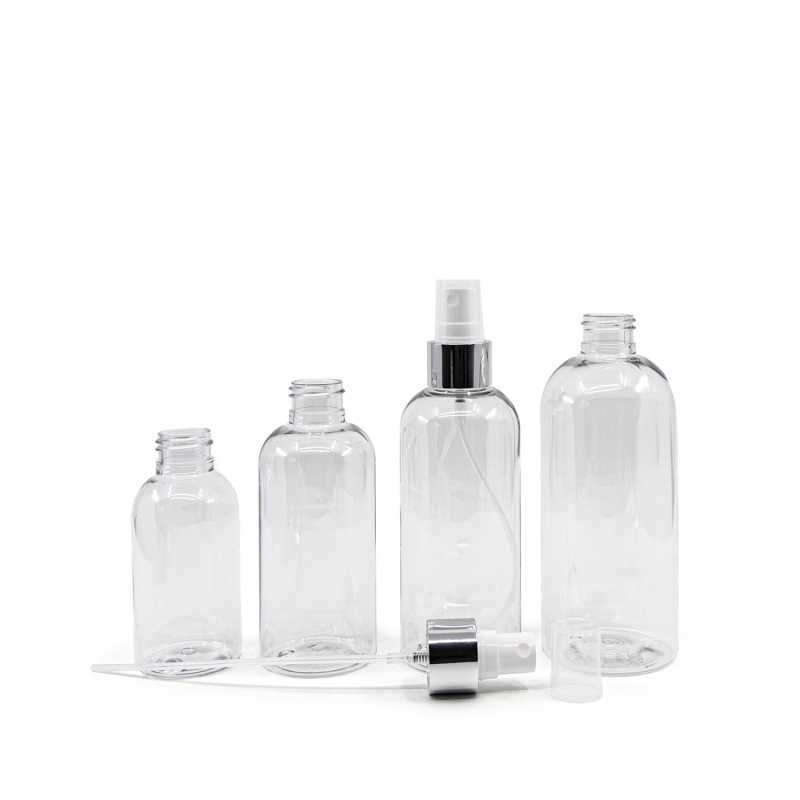 Rounded Clear Plastic Bottle, White Spray With Glossy Silver Collar, 300 ml