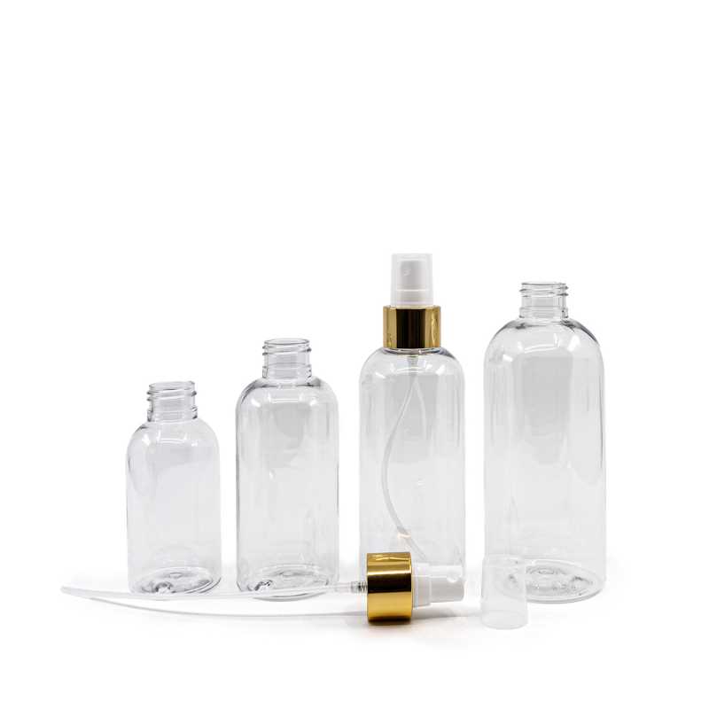 Rounded Clear Plastic Bottle, White Spray With Glossy Gold Collar, 100 ml