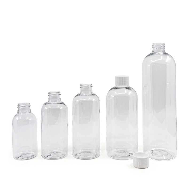 Rounded Clear Plastic Bottle, White Plastic Cap, 150 ml