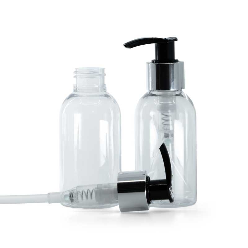 Rounded Clear Plastic Bottle, Black Lotion Pump With Glossy Silver Collar, 100 ml