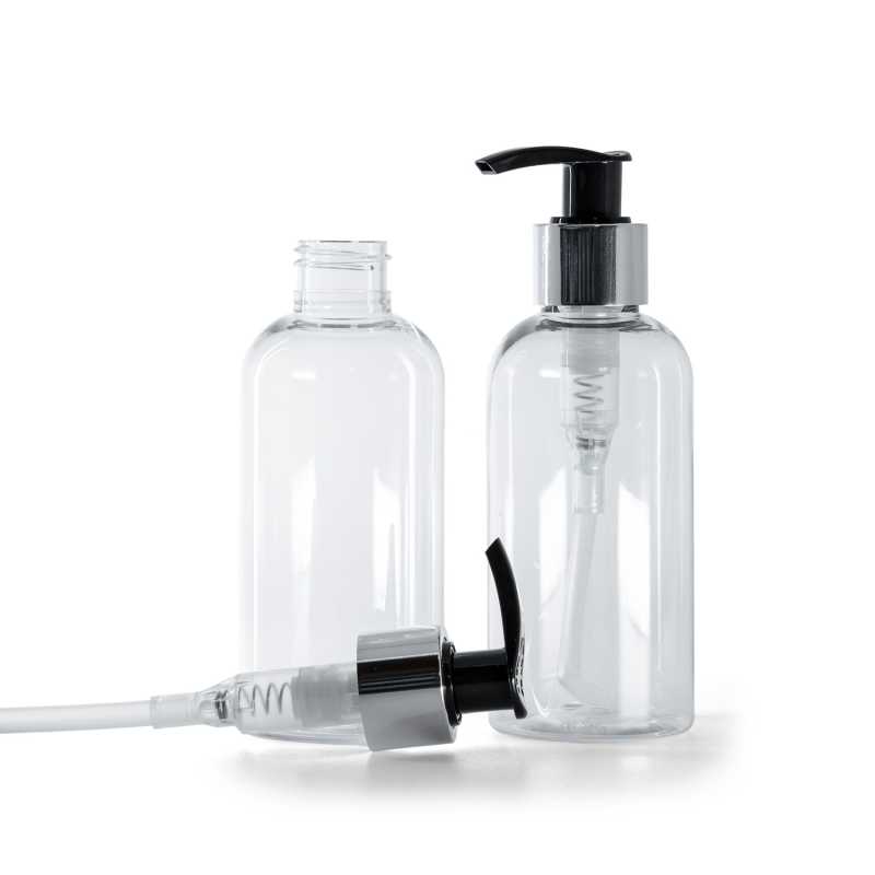 Rounded Clear Plastic Bottle, Black Lotion Pump With Glossy Silver Collar, 150 ml