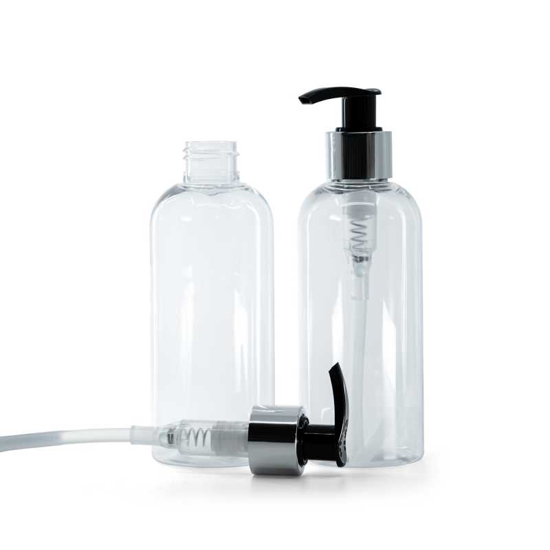 Rounded Clear Plastic Bottle, Black Lotion Pump With Glossy Silver Collar, 200 ml