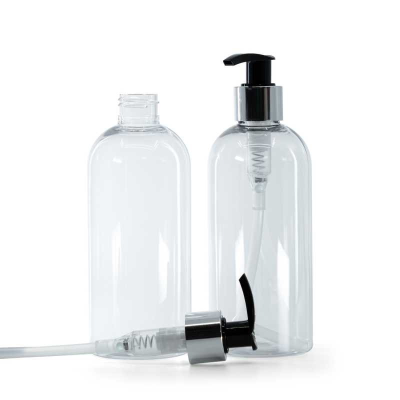 Rounded Clear Plastic Bottle, Black Lotion Pump With Glossy Silver Collar, 300 ml