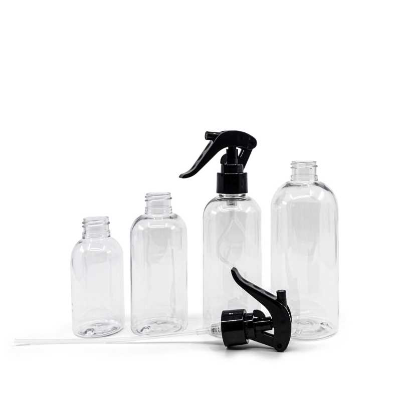 Rounded Clear Plastic Bottle, Black Trigger Spray, 200 ml
