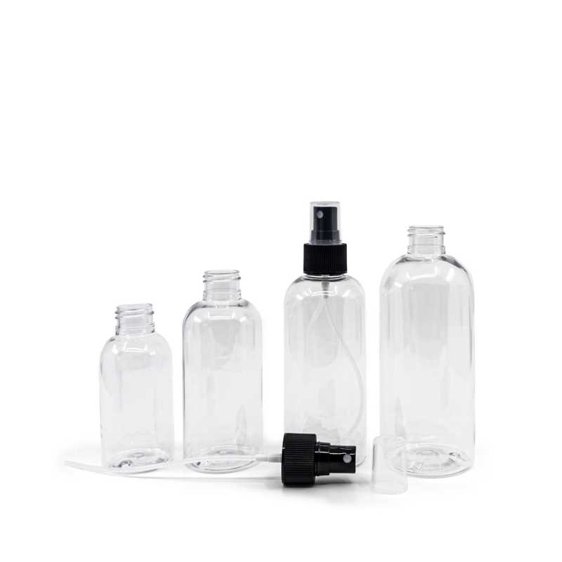 Rounded Clear Plastic Bottle, Black Fine Mist Spray, 200 ml
