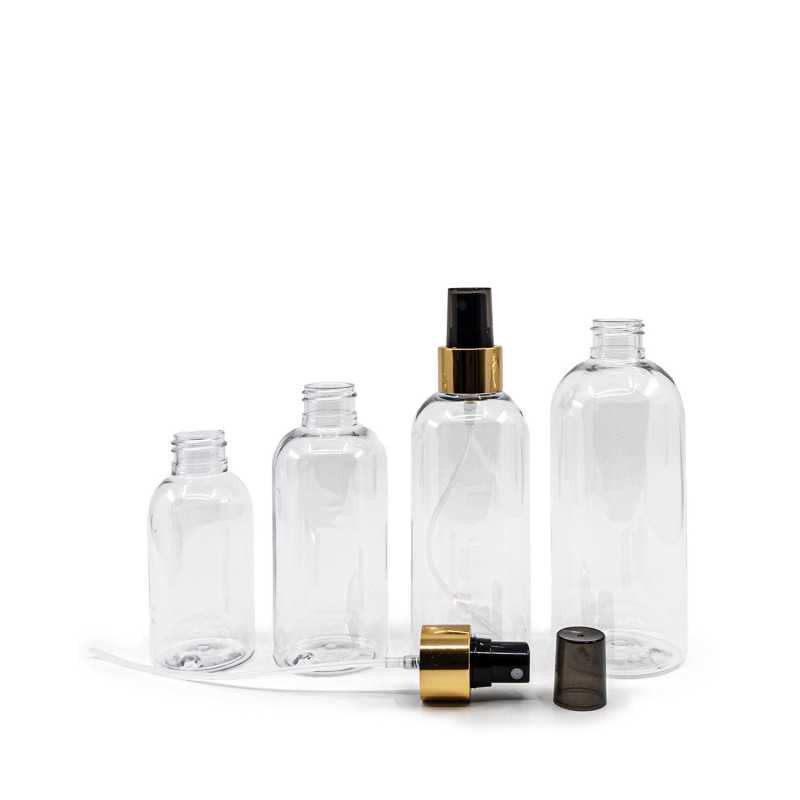 Rounded Clear Plastic Bottle, Black Spray With Glossy Gold Collar, 150 ml