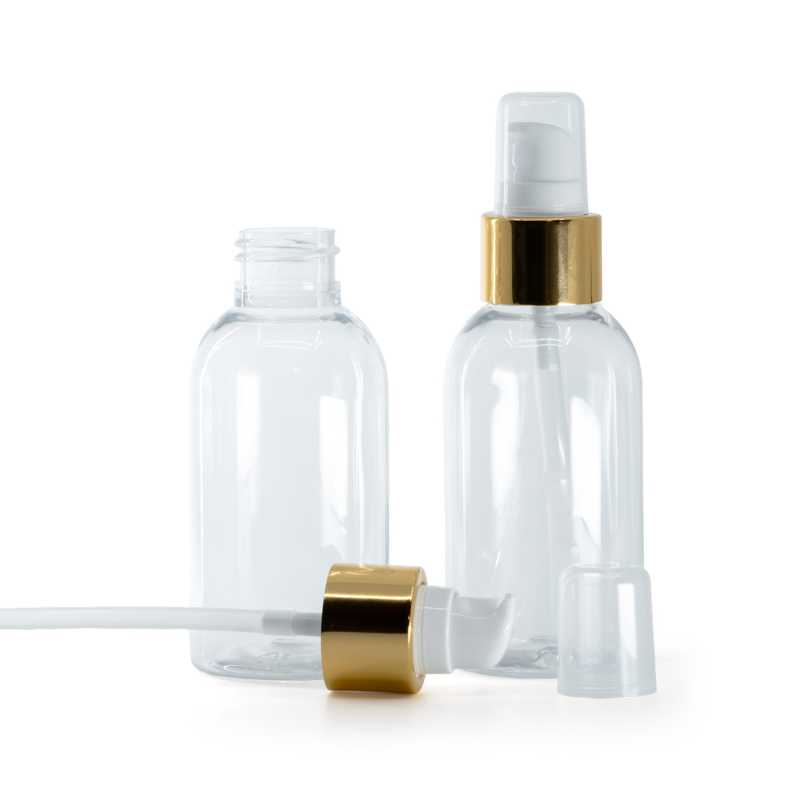 Rounded Clear Plastic Bottle, White Lotion Pump With Overcap, Glossy Gold, 100 ml