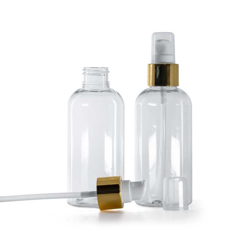 Rounded Clear Plastic Bottle, White Lotion Pump With Overcap, Glossy Gold, 150 ml