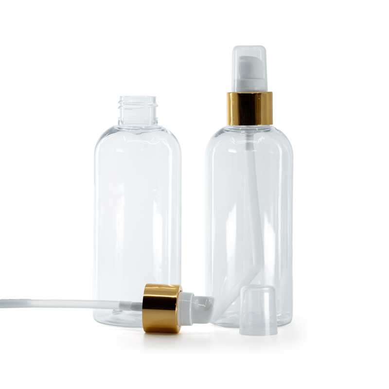 Rounded Clear Plastic Bottle, White Lotion Pump With Overcap, Glossy Gold, 200 ml