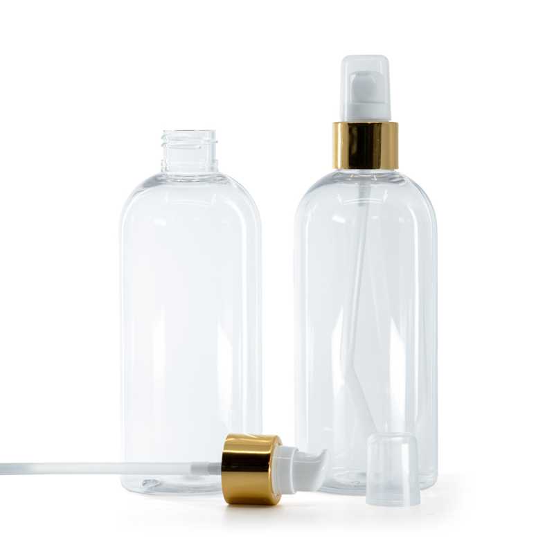 Rounded Clear Plastic Bottle, White Lotion Pump With Overcap, Glossy Gold, 300 ml