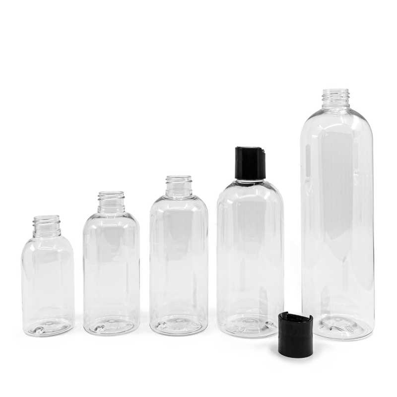Rounded Clear Plastic Bottle, Black Disc Top, 100 ml
