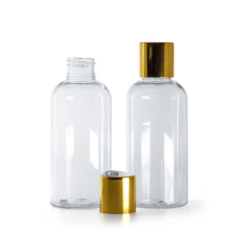 Rounded Clear Plastic Bottle, White Plastic Flip Top With Golden Aluminum Collar, 150 ml