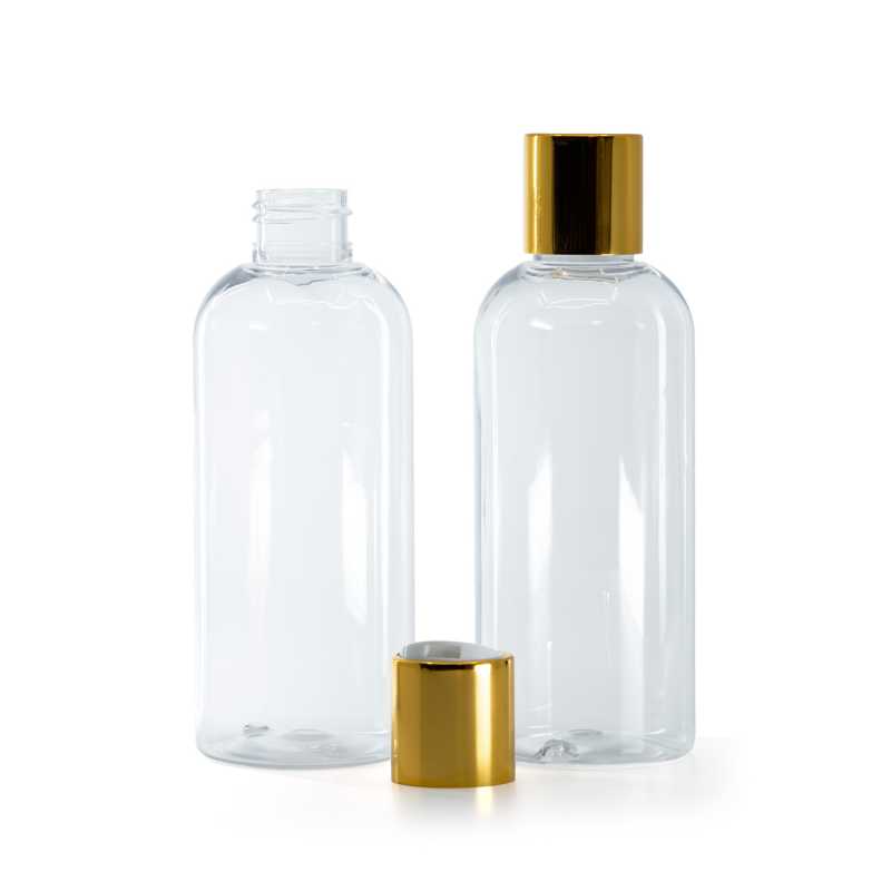 Rounded Clear Plastic Bottle, White Plastic Flip Top With Golden Aluminum Collar, 200 ml