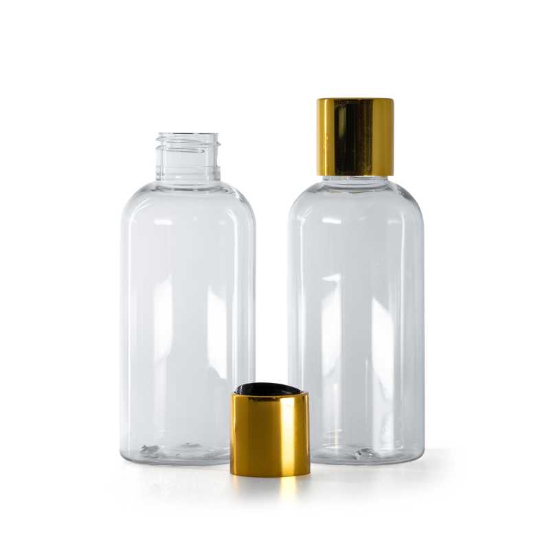 Rounded Clear Plastic Bottle, Black Plastic Flip Top With Golden Aluminum Collar, 150 ml