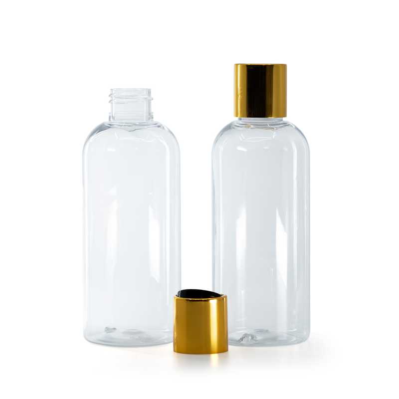 Rounded Clear Plastic Bottle, Black Plastic Flip Top With Golden Aluminum Collar, 200 ml