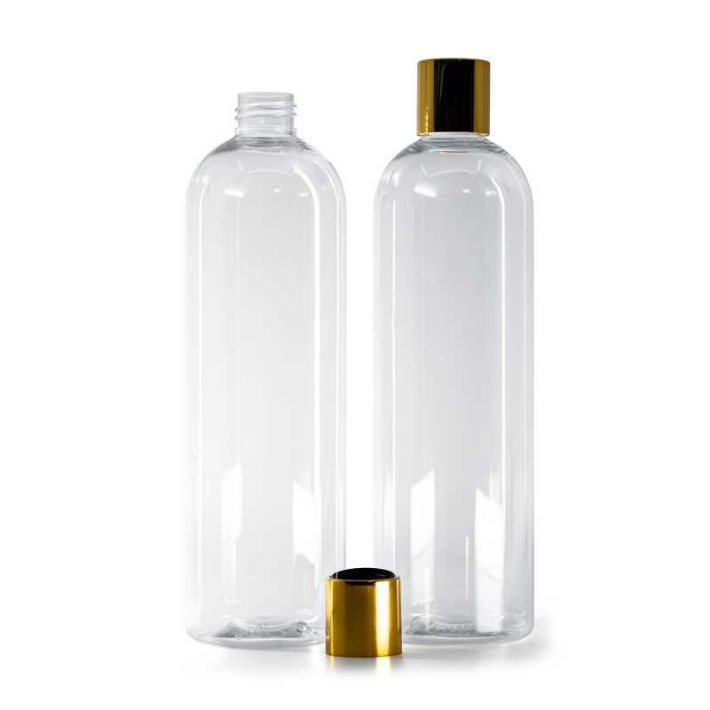 Rounded Clear Plastic Bottle, Black Plastic Flip Top With Golden Aluminum Collar, 500 ml