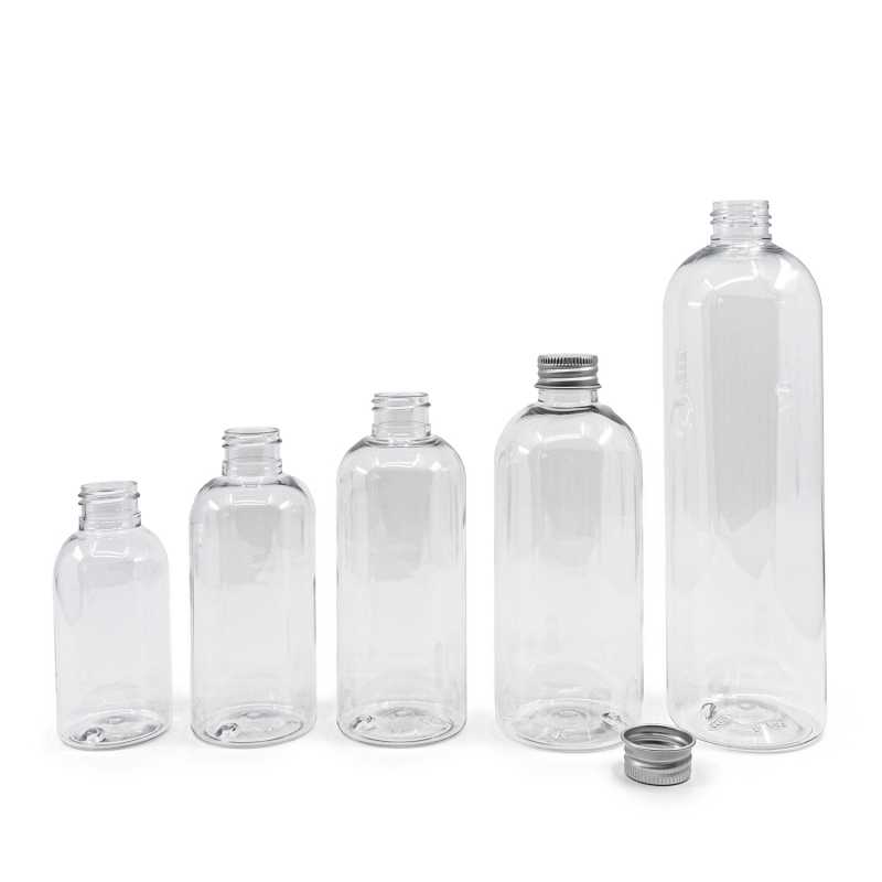 Rounded Clear Plastic Bottle, Silver Aluminium Cap, 200 ml