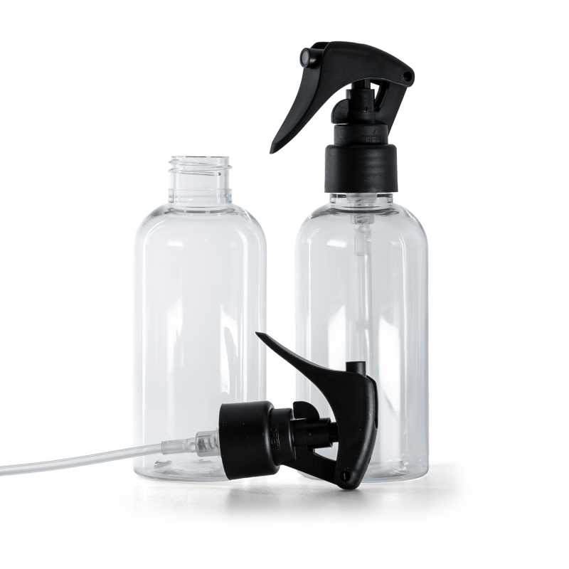 Rounded Clear Plastic Bottle, Mini Trigger Spray, Matte Black, Smooth Collar, 150 ml