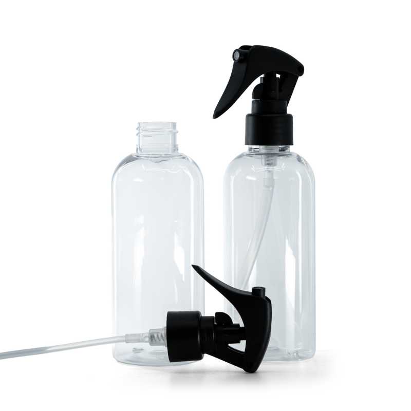 Rounded Clear Plastic Bottle, Mini Trigger Spray, Matte Black, Smooth Collar, 200 ml