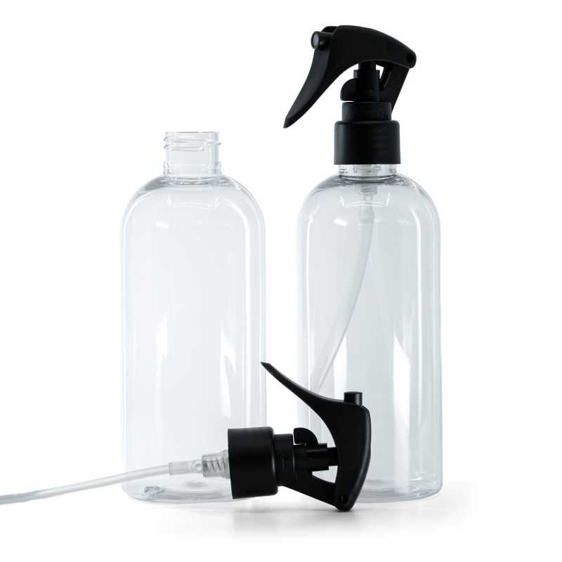 Rounded Clear Plastic Bottle, Mini Trigger Spray, Matte Black, Smooth Collar, 300 ml