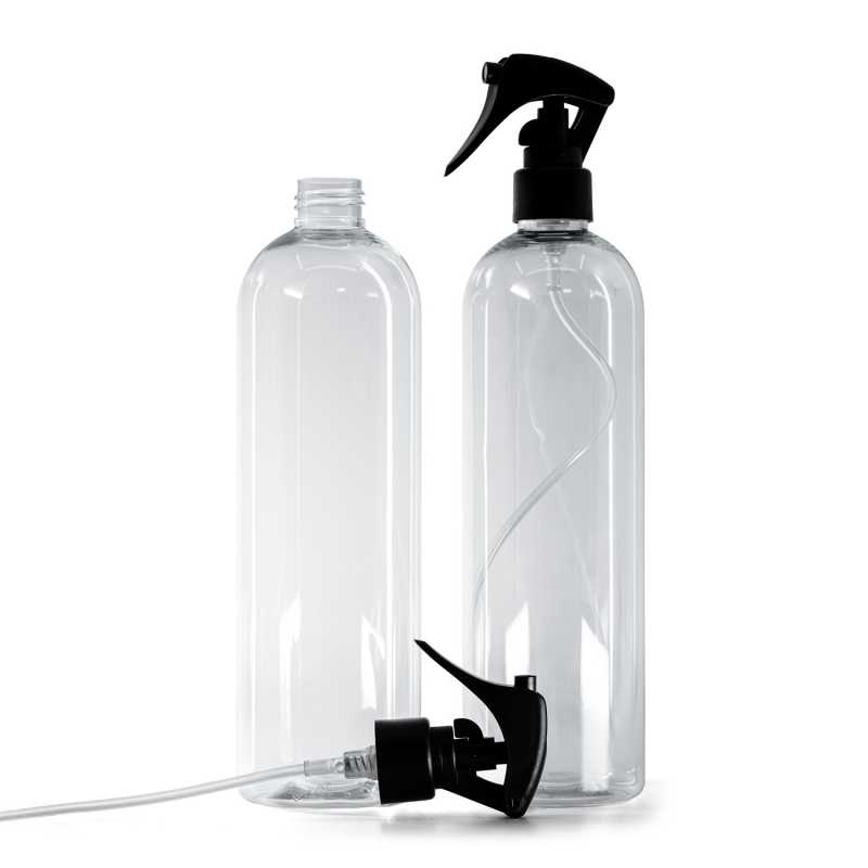 Rounded Clear Plastic Bottle, Mini Trigger Spray, Matte Black, Smooth Collar, 500 ml
