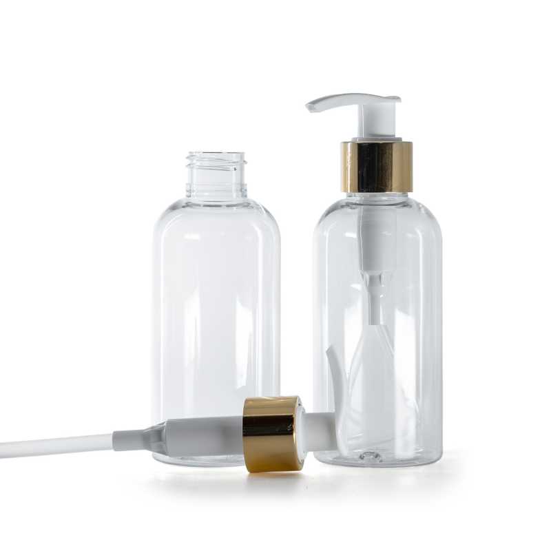 Rounded Clear Plastic Bottle, White Lotion Pump With Glossy Gold Collar, 150 ml