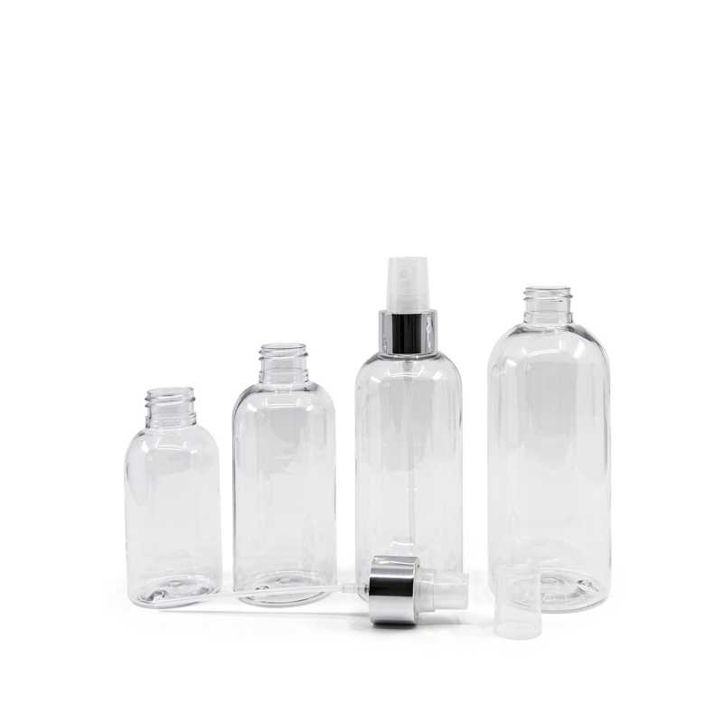 Rounded Clear Plastic Bottle, Transparent Spray with Glossy Silver Collar, 100 ml