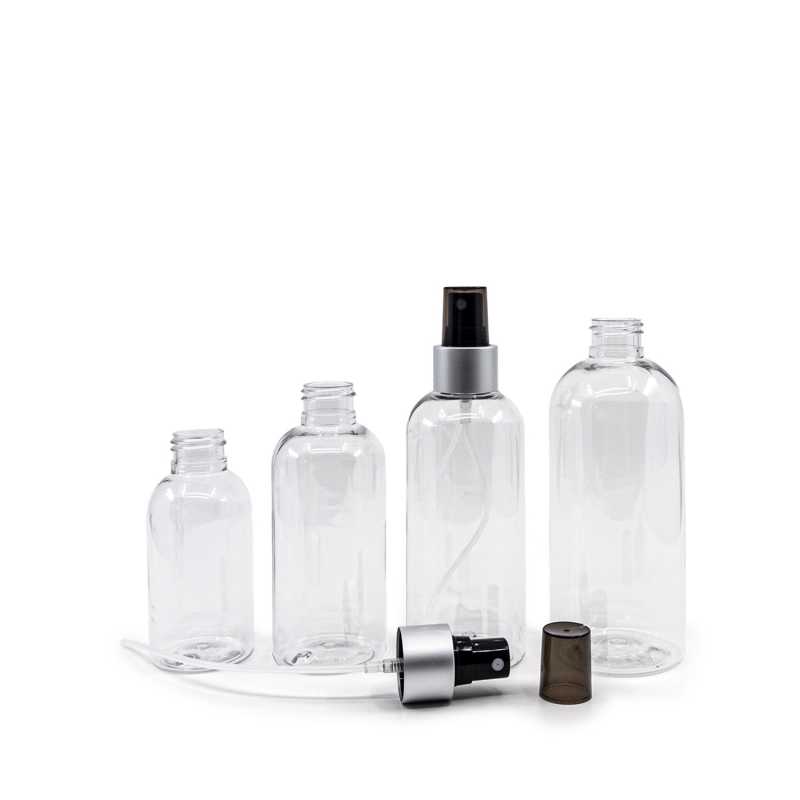 Rounded Clear Plastic Bottle, Black Spray with Matte Silver Collar, 200 ml