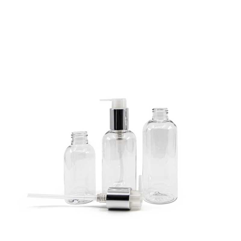 Rounded Clear Plastic Bottle, Silver Pump, 150 ml