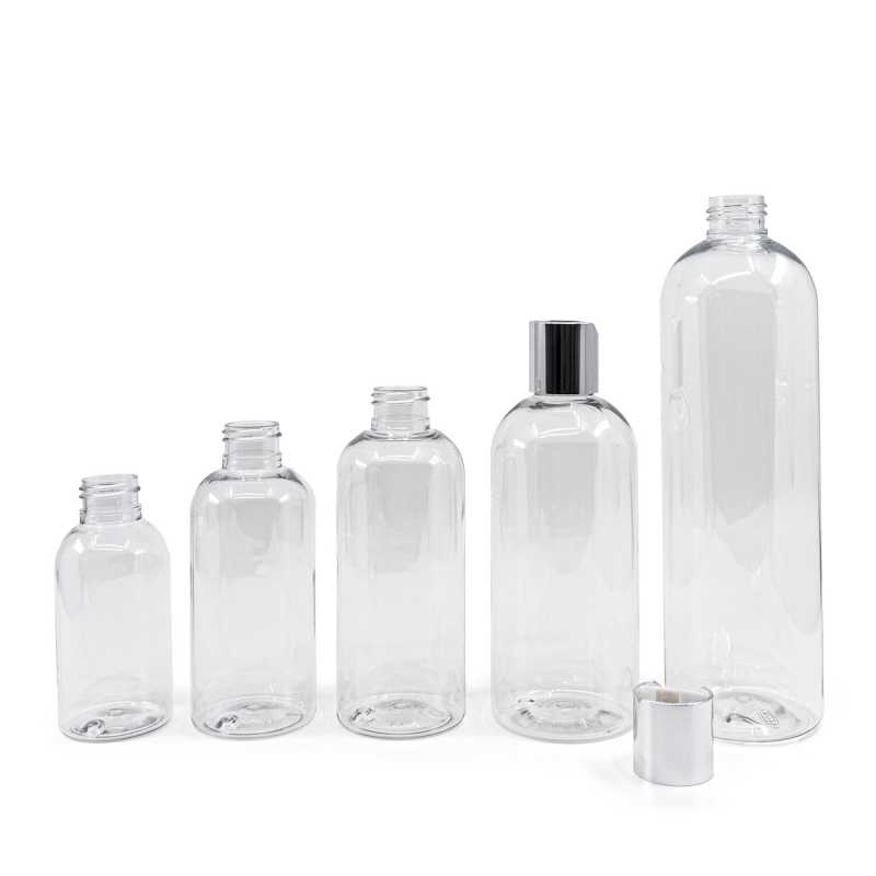 Rounded Clear Plastic Bottle, Silver Disc Top, 150 ml