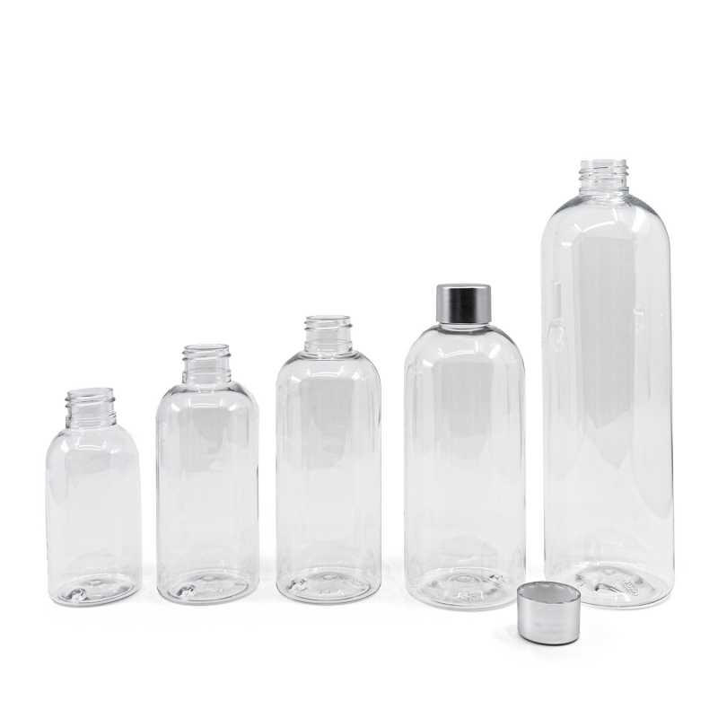 Rounded Clear Plastic Bottle, Silver Cap, 100 ml