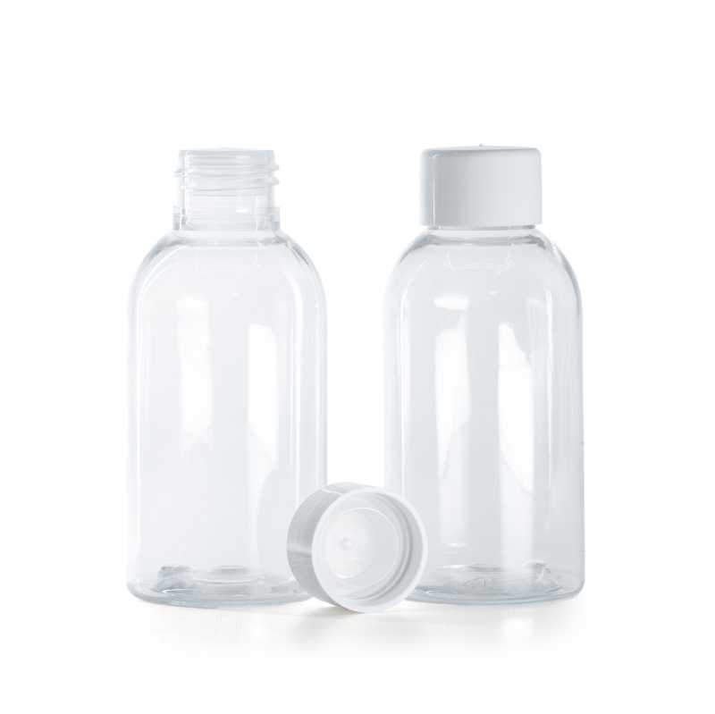 Rounded Clear Plastic Bottle, Smooth White Cap With Reducer, 100 ml
