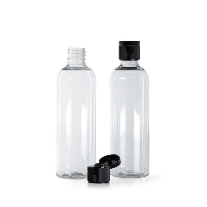 Clear Plastic Bottle, Black Plastic Flip Top Cap, 18/410, 100 ml