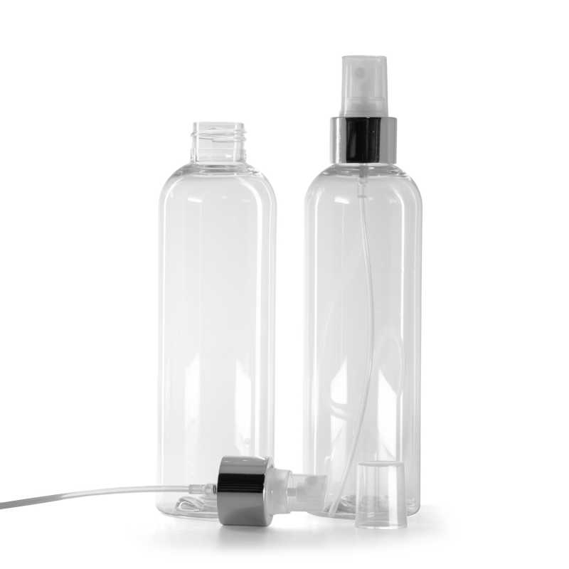 Clear Plastic Bottle, Transparent Spray With Glossy Silver Collar, 250 ml