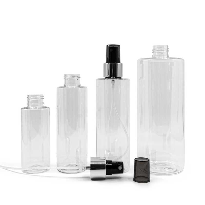 Clear Plastic Bottle, Black Spray with Glossy Silver Collar, 100 ml