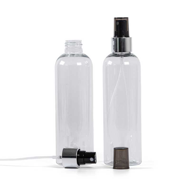 Clear Plastic Bottle, Black Spray with Glossy Silver Collar, 250 ml