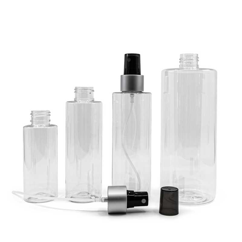 Clear Plastic Bottle, Black Spray, Matte Silver Collar, Smoky Overpcap, 100 ml
