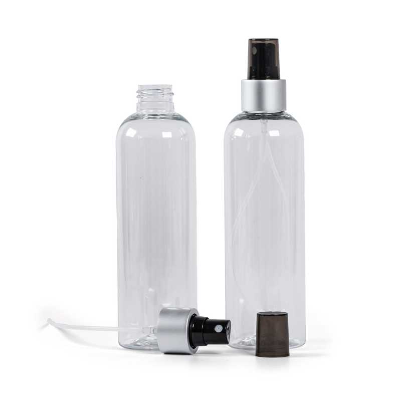 Clear Plastic Bottle, Black Spray, Matte Silver Collar, Smoky Overpcap, 250 ml