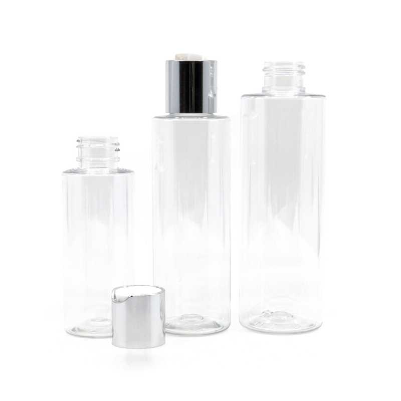 Transparent plastic bottle, ideal for storing a variety of liquids, oils, lotions, etc. It is semi-rigid, but can be squeezed.
Material: PET
Volume: 100 ml, t