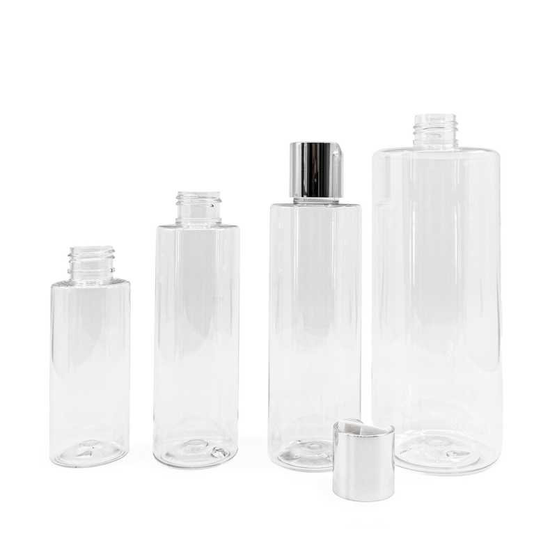Clear Plastic Bottle, Silver Disc Top, 100 ml