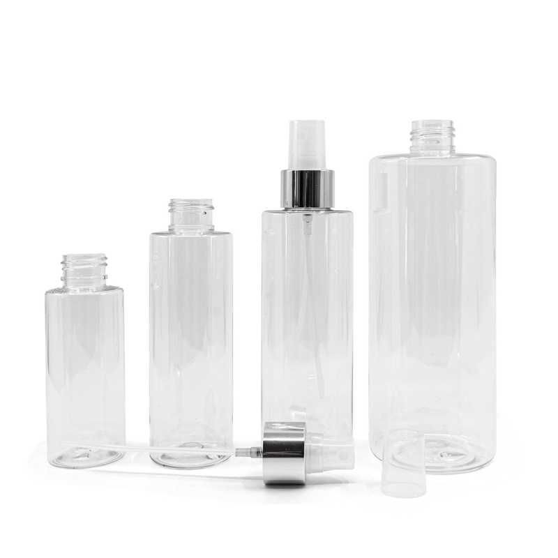 Clear Plastic Bottle, Transparent Spray with Glossy Silver Collar, 200 ml