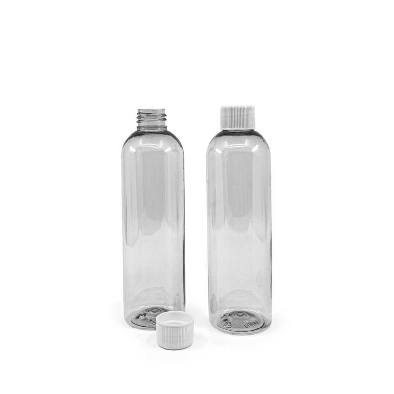 Transparent plastic bottle, ideal for storing a variety of liquids, oils, lotions, etc. It is semi-rigid, but can be squeezed. Made from recycled plastic.Volume