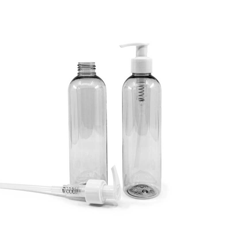 Transparent plastic bottle, ideal for storing a variety of liquids, oils, lotions, etc. It is semi-rigid, but can be squeezed. Made from recycled plastic.Volume